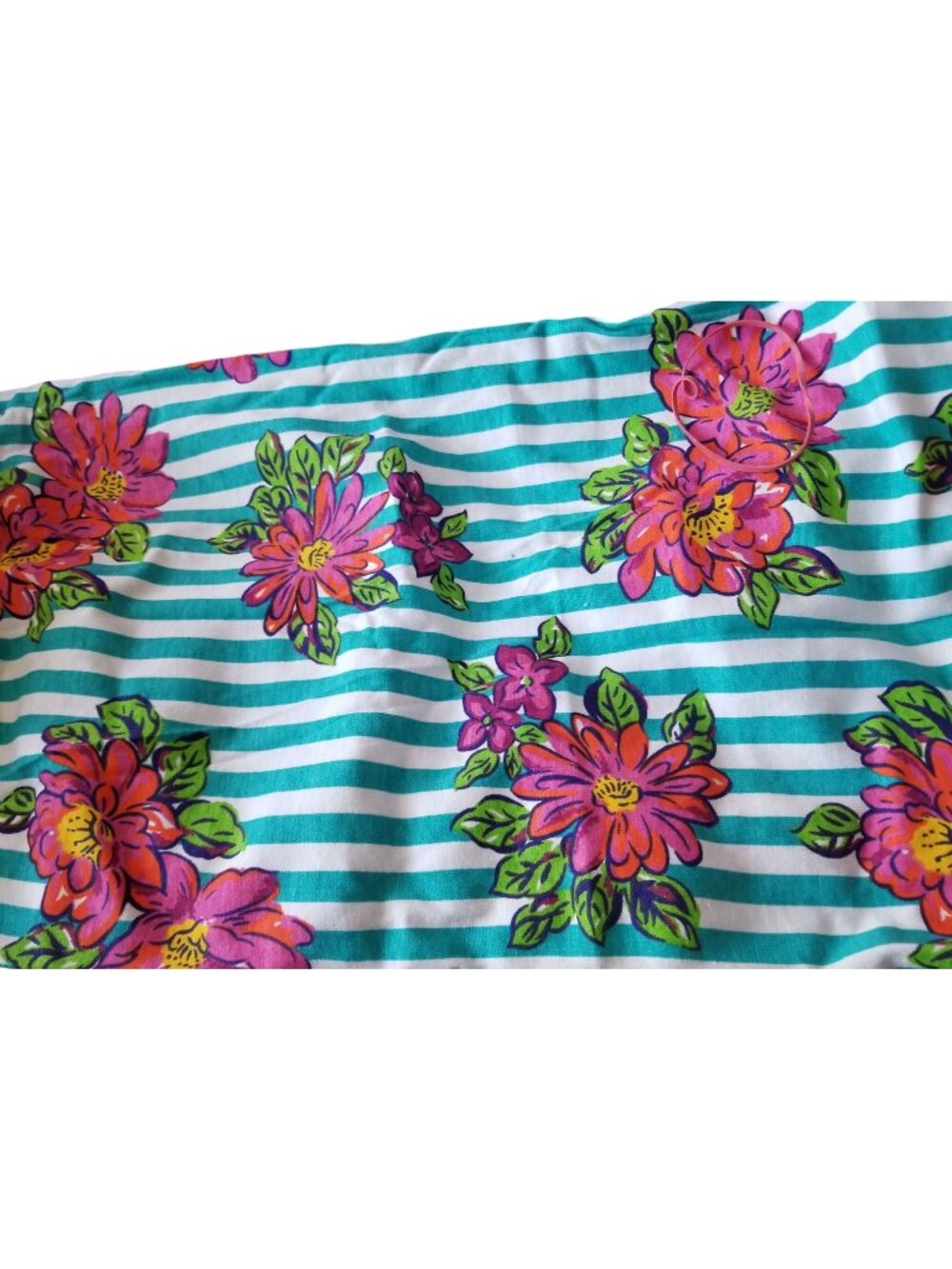 Material Turquoise White Stripes Big Red Pink Flowers Green Leaves 44" x 60"   P